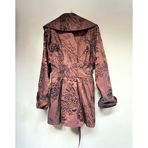 Mycra Pac Women Sz 0 Petite Belted Reversible Coat Robe Long Sleeve Floral Brown - Picture 2 of 10